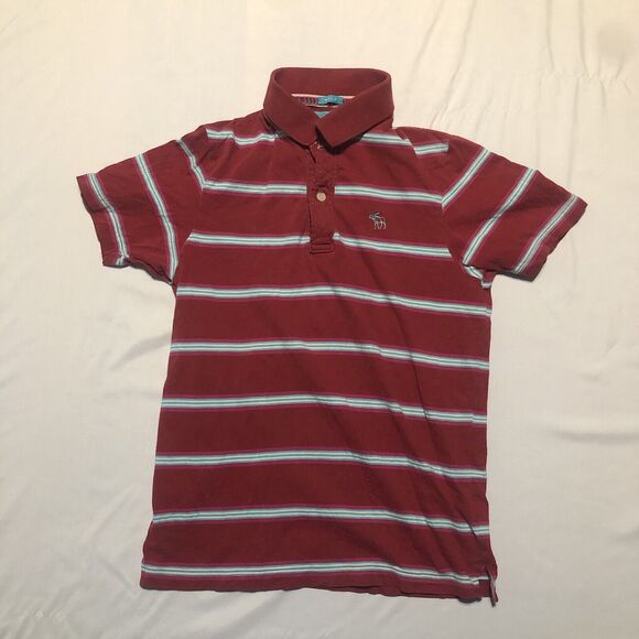 Abercrombie Fitch Polo Shirt Mens S Red Blue Striped Muscle Rugby Moose Logo - Picture 1 of 8